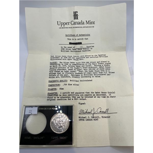 1980 Silver Sadat Peace Coin with Certificate of Authenticity from Upper Canada Mint 15g .720 Silver