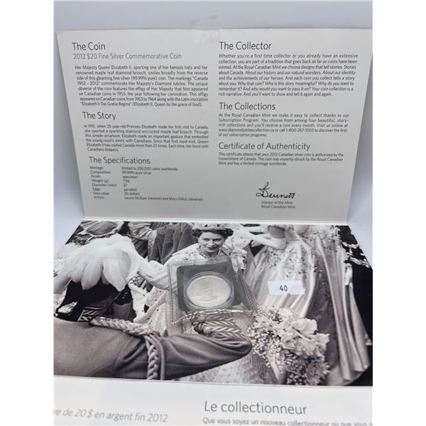 2012 $20 Queen Elizabeth II 60 Years Commemorative Coin 7.96g .9999 Pure Silver