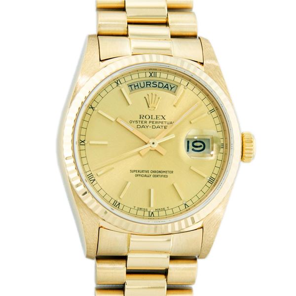 Rolex Men's 18K Yellow Gold Champagne Index Day Date President Wristwatch