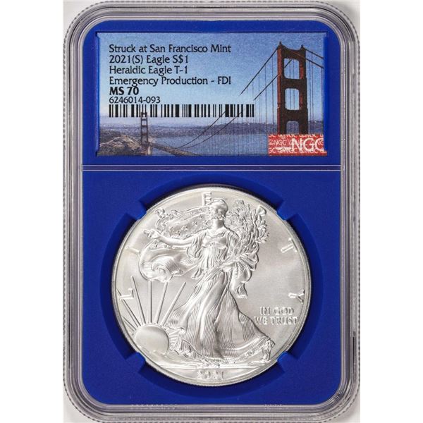 2021(S) Type 1 $1 American Silver Eagle Coin NGC MS70 FDI San Francisco Blue Core