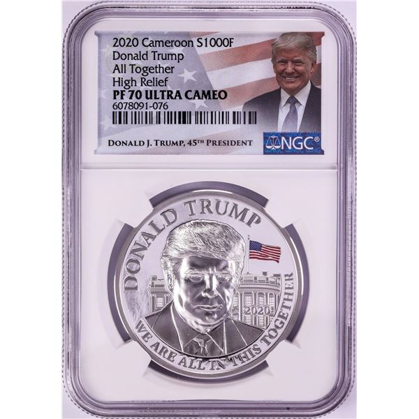 2020 Cameroon 1000 Francs High Relief Donald Trump Silver Coin NGC PF70 Ultra Cameo