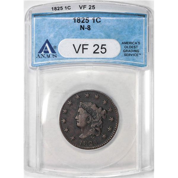 1825 N-8 Coronet Head Large Cent Coin ANACS VF25