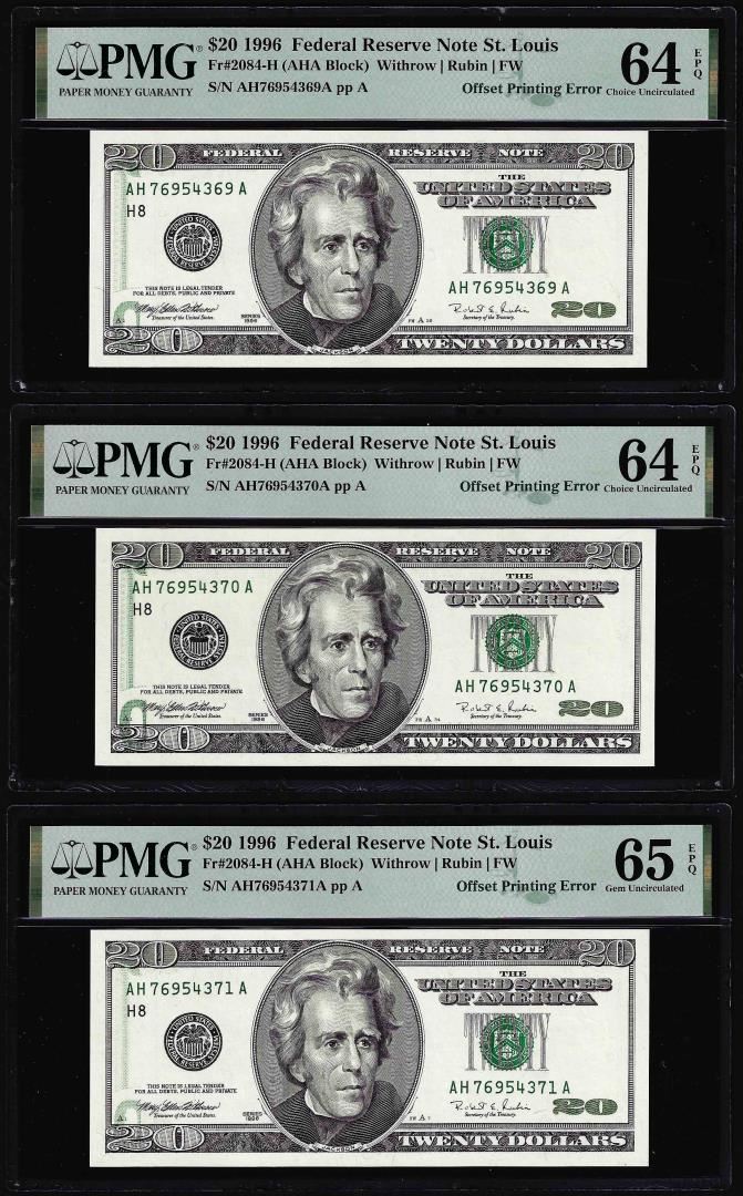 Off Set Error Banknote (3) Consec. 1996 $20 Federal Reserve Offset Error Notes PMG Ch ...