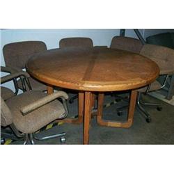 48" Dia. Oak Dining Table w/6 Chairs, one 24" leaf