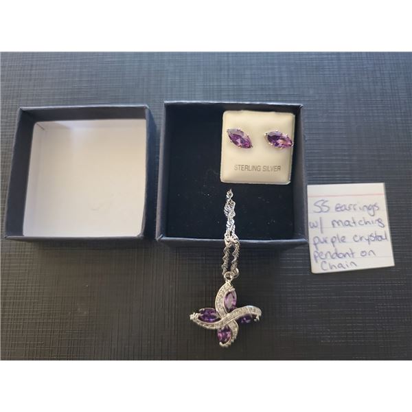 UNRESERVED Sterling silver earrings with matching purple crystal pendant on chain