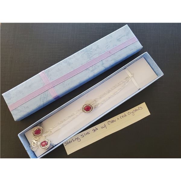 UNRESERVED Sterling silver set with clear and red crystals