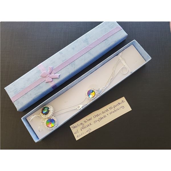 UNRESERVED Stirling silver chain and pendants with peacock crystals and matching earrings