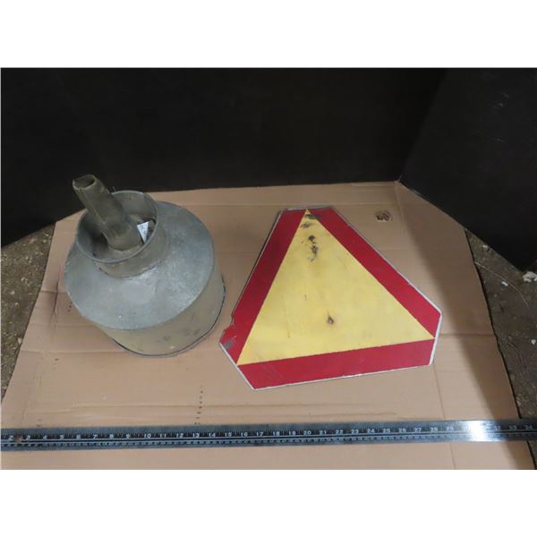 yield sign and galvanized funnel with screen