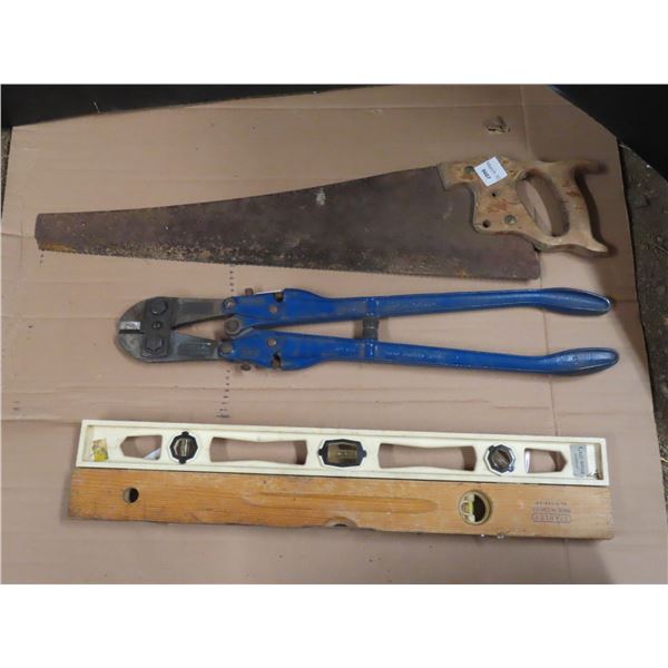two levels , broken lock cutters , hand saw - Schmalz Auctions