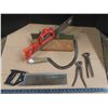 Image 1 : fencing nail pullers , scythe , mitre saw with extra saw