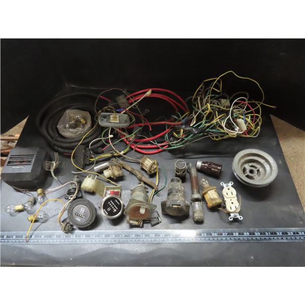 blue tote full of misc. electrical and tractor parts