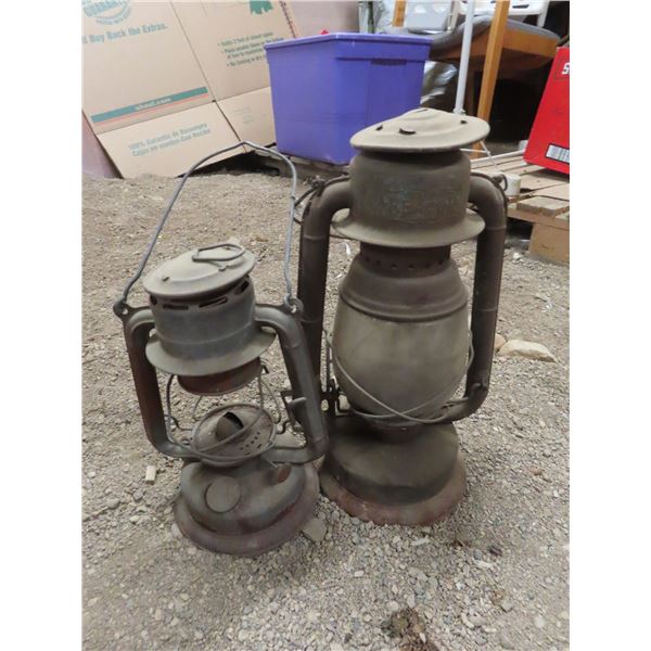 two antique beacon oil lanterns