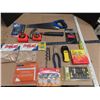 Image 1 : box with hand saw , hammer , tapes , Allen keys , stud finder