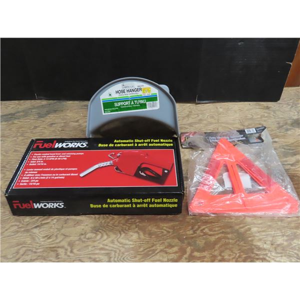 warning reflector , fuel nozzle new , hose reel