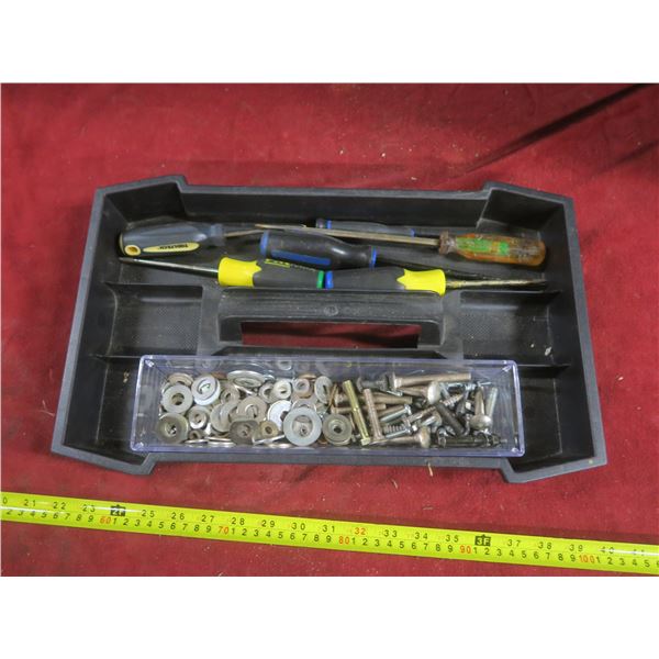 tool caddy with screwdrivers, bolts and washers