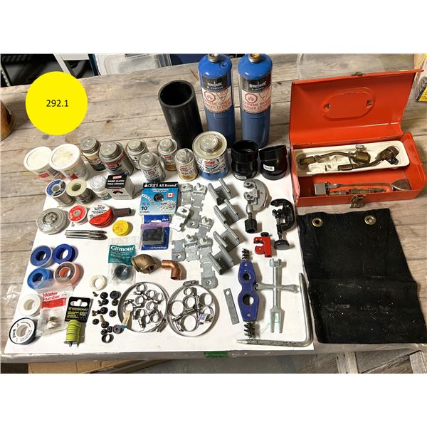 Box of plumbing tools and supplies