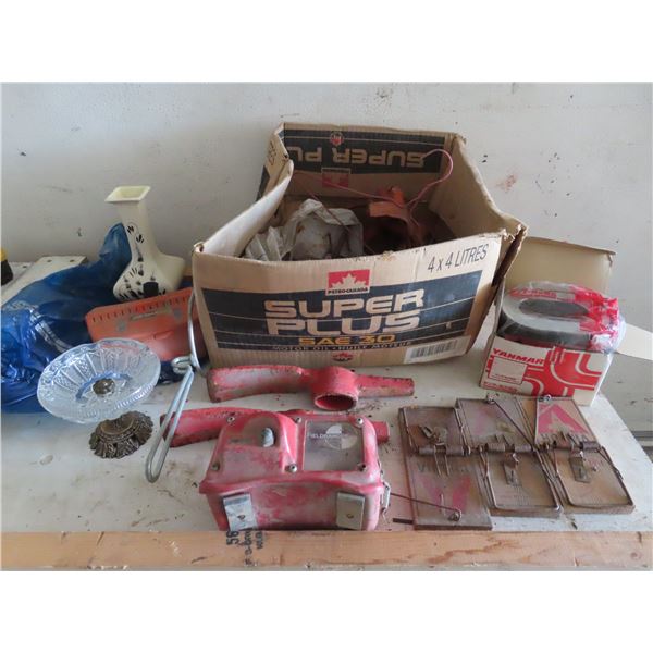 box of misc. axe heads field ranger , vase