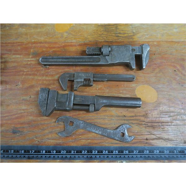 3 antique pipe wrenches and wrench - 1 marked Ford