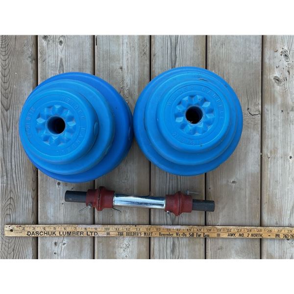 Weider Exercise weights with dumbbell bar and collars.  Total of 55 pounds. (4 X 10lb, 2 @ 5lb, 2 @ 