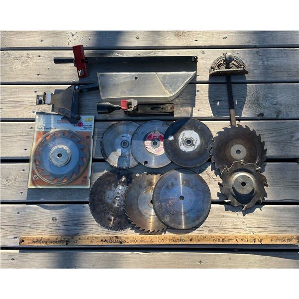 Box of table saw blades and saw guides with NOS Dado saw blade.