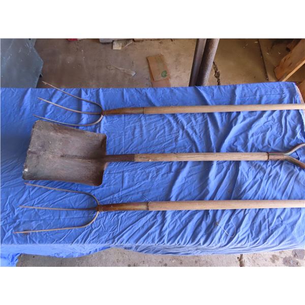 two pitch forks and shovel