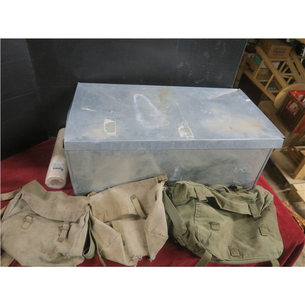 metal box (16"x12"x30") with 3 military bags and 11 rolls of hockey tape
