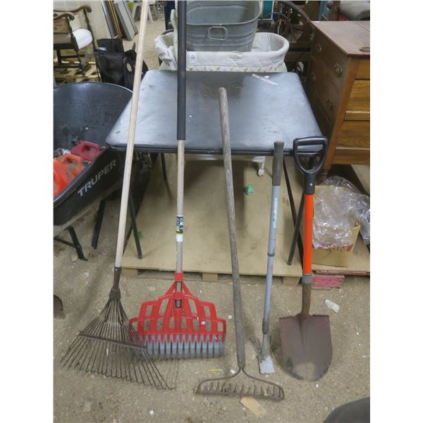 shovel, 3 rakes and hoe