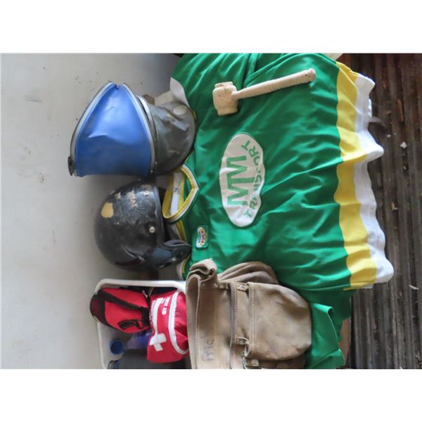 tote with 4 jerseys , helmet ,wattle bottles , tool pouch