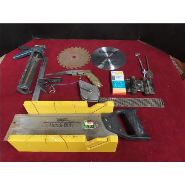 sawblades , hand mitre kit , level , squares , chalk line
