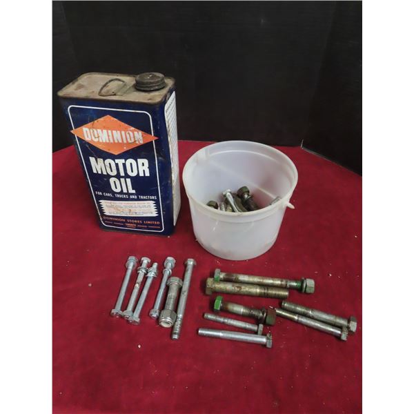 dominion oil can , pail of misc. bolts