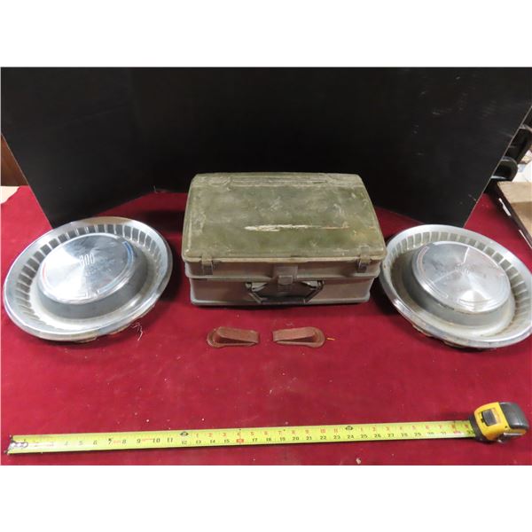 15" antique Chrysler 300 hubs , tackle box and antique door stops