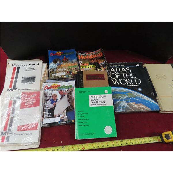 tote of tractor manuals Massey Ferguson , hunting magazines , world atlas