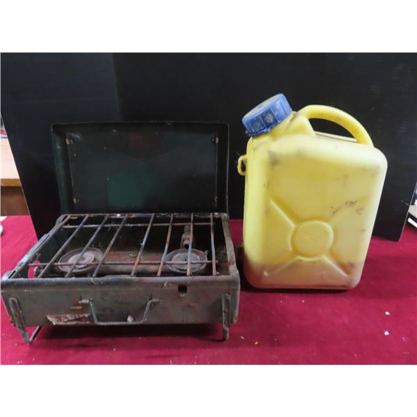 Coleman camp stove and vintage fuel container