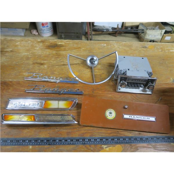 1967 Ford Ranger 100 radio, glove compartment box, steering wheel ring and 4 chrome badges