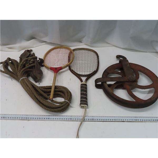 tennis racquets , well pulley ,rope pulley system