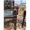 Image 4 : HEAVILY CARVED WOOD AND LEATHER ARMCHAIR H 70" W 34" D 22"