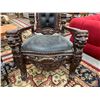 Image 3 : HEAVILY CARVED WOOD AND LEATHER ARMCHAIR H 70" W 34" D 22"