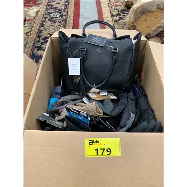 BOX OF ASSORTED GLOVES AND PURSE