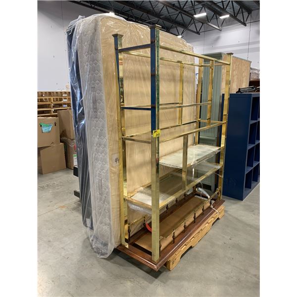 QUEEN SIZE MATTRESS AND BOX SPRING AND GLASS SHELVING UNIT