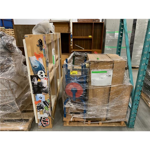 PALLET OF SET DEC ITEMS INCLUDING; DOUBLE SIZE BED FRAME, KIDS FURNITURE AND MORE