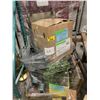 Image 1 : PALLET OF SET DEC ITEMS INCLUDING; GLASS TABLE, THROW PILLOWS, METAL SHELF PARTS AND MORE