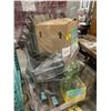Image 2 : PALLET OF SET DEC ITEMS INCLUDING; GLASS TABLE, THROW PILLOWS, METAL SHELF PARTS AND MORE