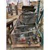 Image 3 : PALLET OF SET DEC ITEMS INCLUDING; GLASS TABLE, THROW PILLOWS, METAL SHELF PARTS AND MORE