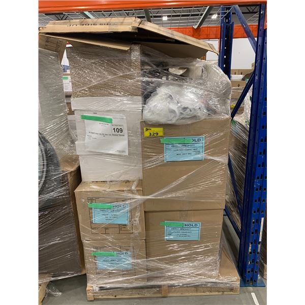 PALLET OF SET DEC ITEMS INCLUDING; WINDOW TREATMENTS, TRIPOD, FRAMED ART AND MORE