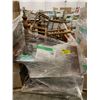 Image 1 : PALLET OF SET DEC ITEMS INCLUDING; HEADBOARDS, DINING CHAIRS AND BATHTUB