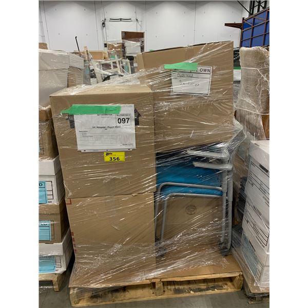 PALLET OF SET DEC ITEMS INCLUDING; CHAIRS, BOOKS AND HOSPITAL PILLOWS