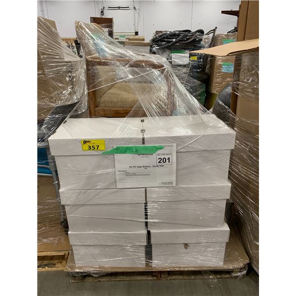 PALLET OF SET DEC ITEMS INCLUDING; CHAIR, SHELVING UNIT AND MORE