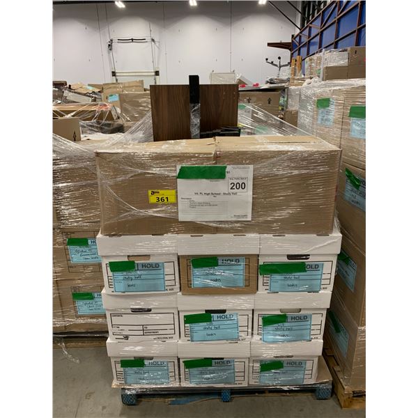 PALLET OF SET DEC ITEMS INCLUDING; SHELVING UNIT, BOOKS, POSTERS AND MORE