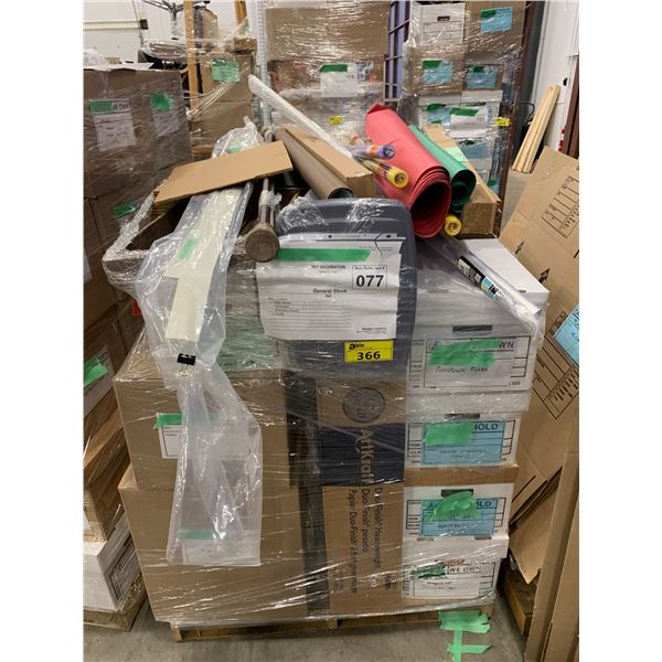 PALLET OF SET DEC ITEMS INCLUDING; ART SUPPLIES, MATTRESS COVERS, HARDWARE AND MORE