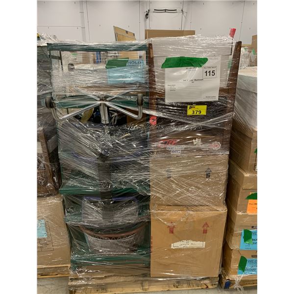 PALLET OF SET DEC ITEMS INCLUDING; SIDE TABLE, ROLLING CHAIR, SHOE RACK AND MORE